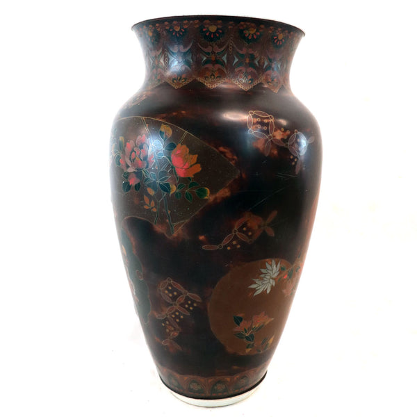 Large Japanese Meiji Okamoto Lacquer Cloisonne Enamel on Porcelain Vase