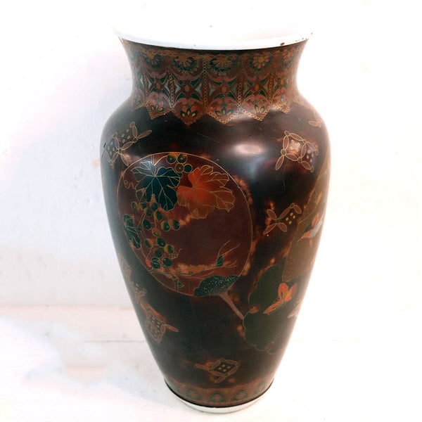 Large Japanese Meiji Okamoto Lacquer Cloisonne Enamel on Porcelain Vase