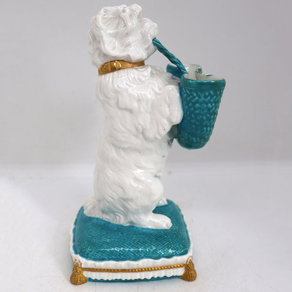 English Brownfield Gilt Porcelain Begging Dog and Basket Posy Holder