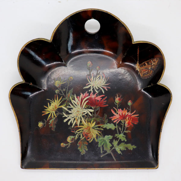 English Papier-Mache Black Lacquer Floral and Butterfly Crumb Tray