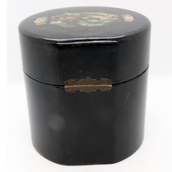 English Paper-Mache Black Lacquer Removable Collar Round Box