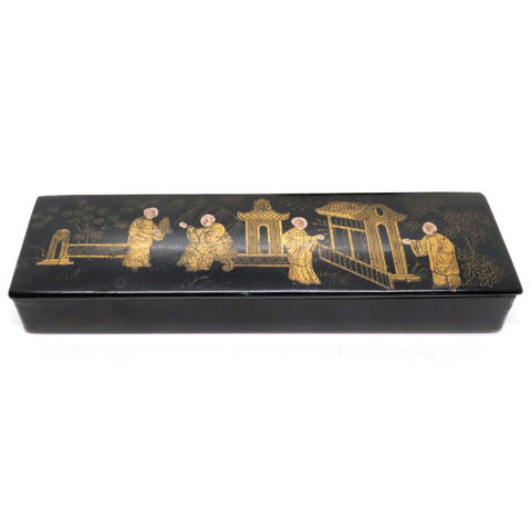 English Papier-Mache Black and Gold Lacquer Desk Pen Box