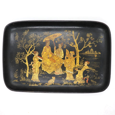 English Papier-Mache Black and Gold Rectangular Lacquer Tray