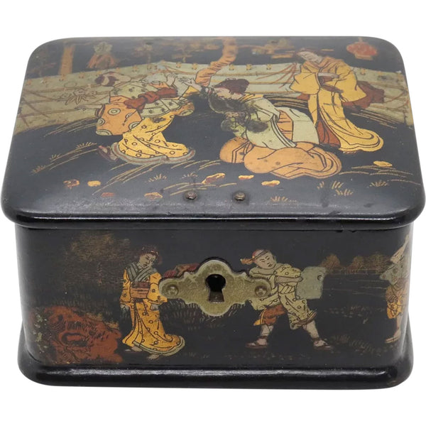 Small English Black and Gold Lacquer Trinket / Jewelry Casket Box