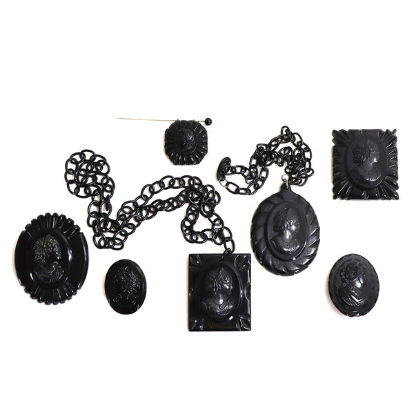 Collection of 7 American Black Mourning Jewelry Cameos, Necklaces with Box