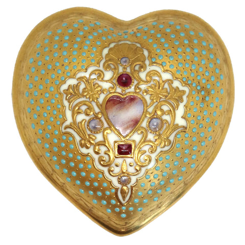 Scarce English Coalport Chicago Exhibition Gilt Jewelled Porcelain Heart Shaped Box