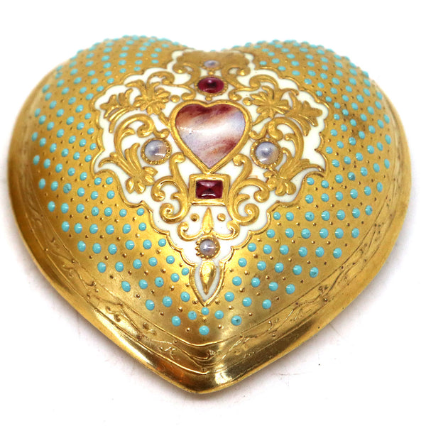 Scarce English Coalport Chicago Exhibition Gilt Jewelled Porcelain Heart Shaped Box