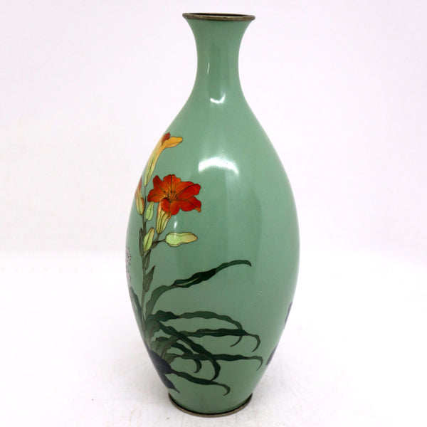 Japanese Cloisonné Enamel Brass Mounted Lily Flower Bottle Vase