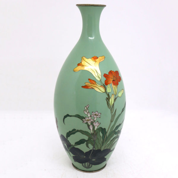 Japanese Cloisonné Enamel Brass Mounted Lily Flower Bottle Vase