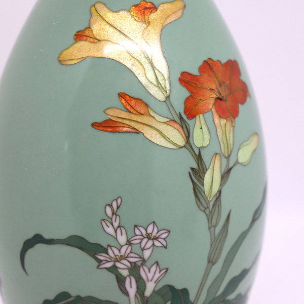 Japanese Cloisonné Enamel Brass Mounted Lily Flower Bottle Vase