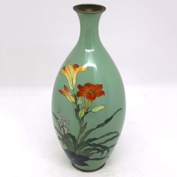 Japanese Cloisonné Enamel Brass Mounted Lily Flower Bottle Vase