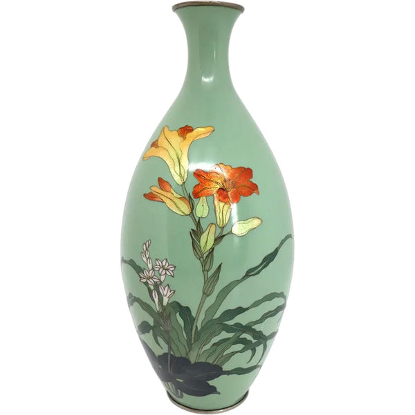 Japanese Cloisonné Enamel Brass Mounted Lily Flower Bottle Vase