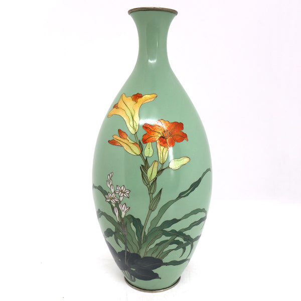 Japanese Cloisonné Enamel Brass Mounted Lily Flower Bottle Vase