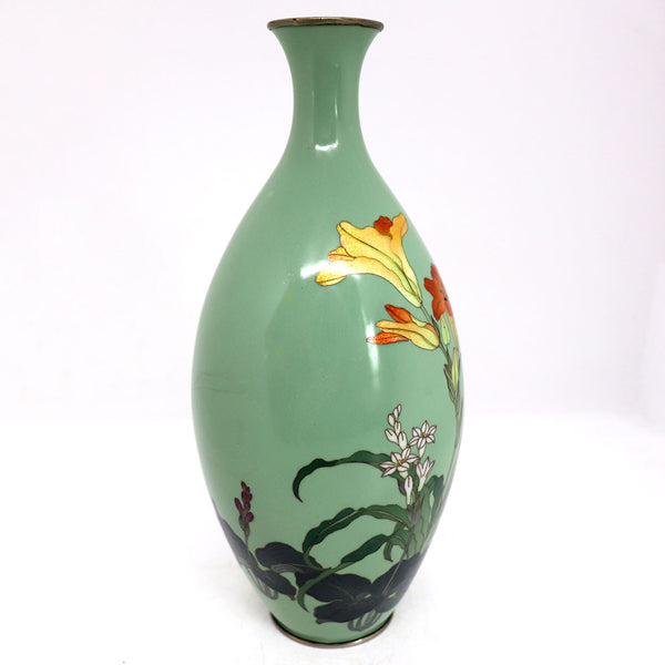 Japanese Cloisonné Enamel Brass Mounted Lily Flower Bottle Vase