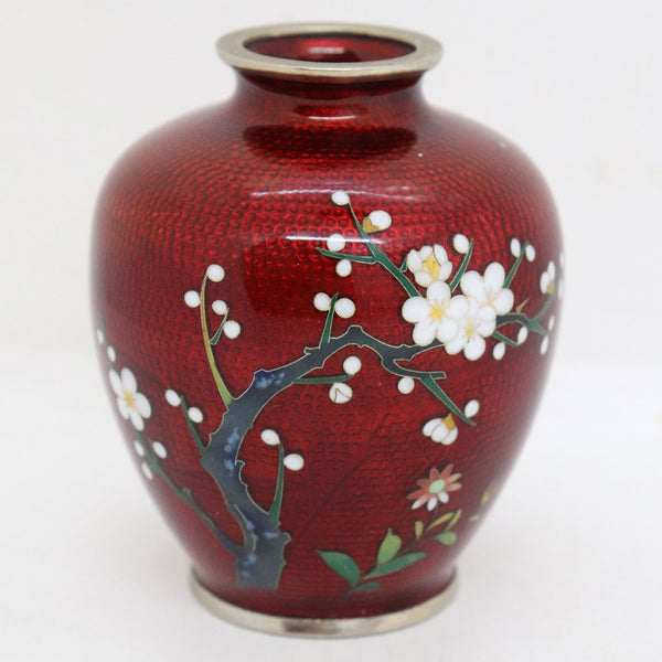 Small Japanese Silver Mounted Ginbari Cloisonne Enamel Red Cherry Flower Vase