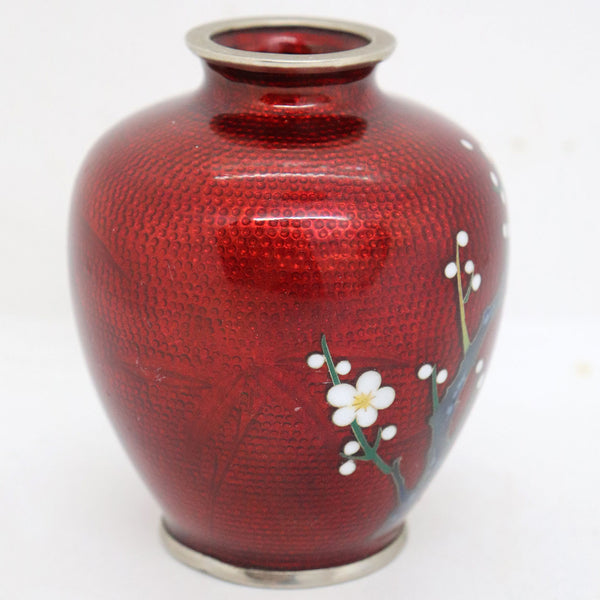 Small Japanese Silver Mounted Ginbari Cloisonne Enamel Red Cherry Flower Vase
