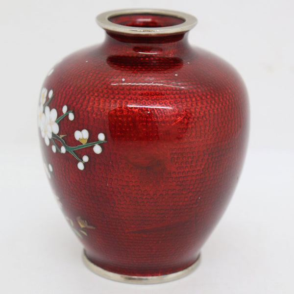 Small Japanese Silver Mounted Ginbari Cloisonne Enamel Red Cherry Flower Vase