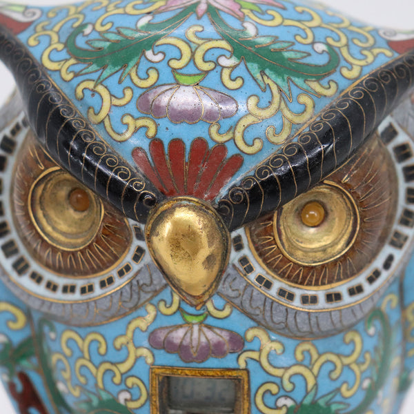 Vintage Chinese Cloisonne Enamel on Brass Owl Digital Lighted Desk Clock