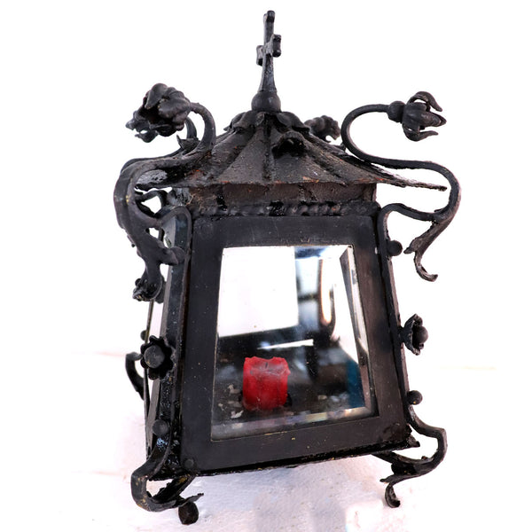 French Wrought Iron and Beveled Glass Candle Table Lantern