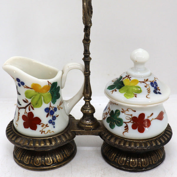 Continental Hand Painted Opalescent Glass and Silverplate Sugar and Creamer Set