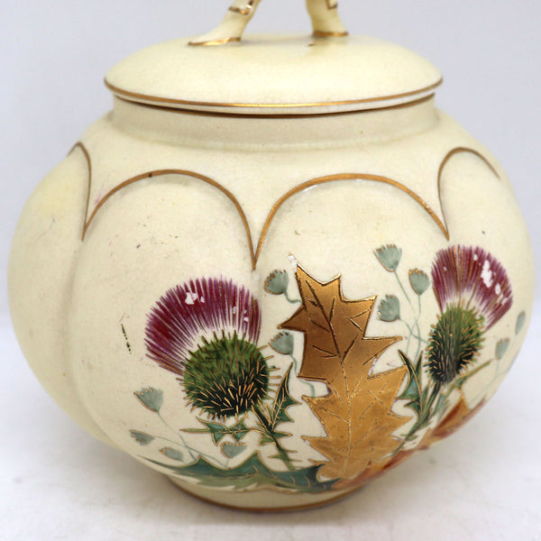 American Hampshire James Scholly Taft Pottery Gilt Thistle Biscuit Jar