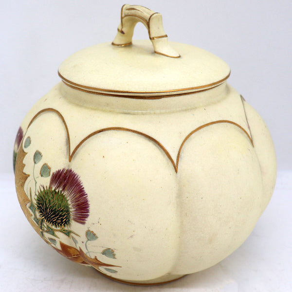 American Hampshire James Scholly Taft Pottery Gilt Thistle Biscuit Jar