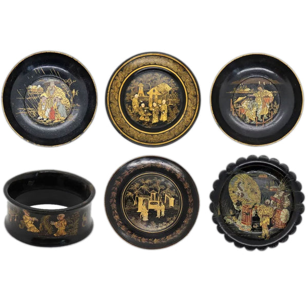 Six Japanese and English Papier-Mache Black Lacquer Plates and Napkin Ring