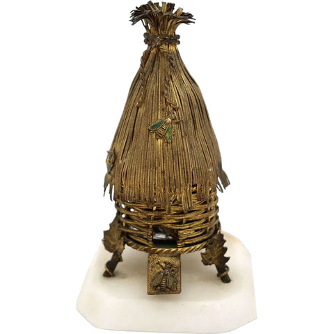French Gilt Metal, Enamel, Marble and Glass Beehive Perfume Bottle Casket