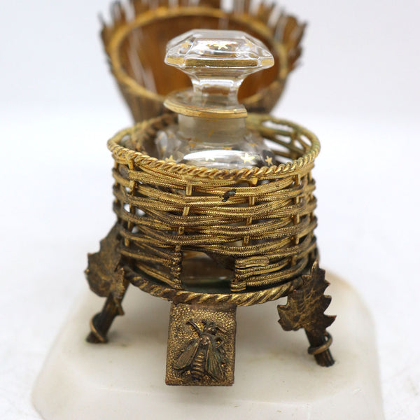 French Gilt Metal, Enamel, Marble and Glass Beehive Perfume Bottle Casket