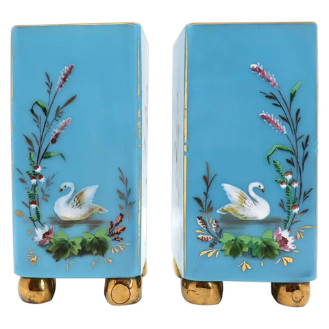 Pair of French Gilt Enamel Turquoise Opaline Square Cabinet Vases