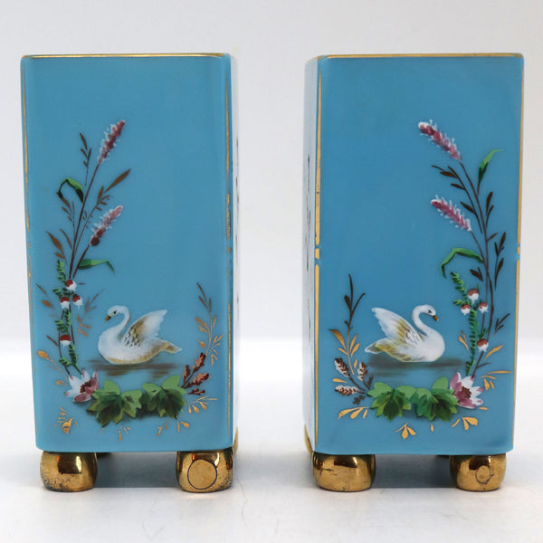 Pair of French Gilt Enamel Turquoise Opaline Square Cabinet Vases