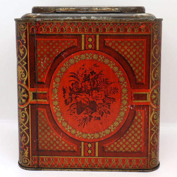 English Victorian Lithograph Red Toleware Tin Tea Canister