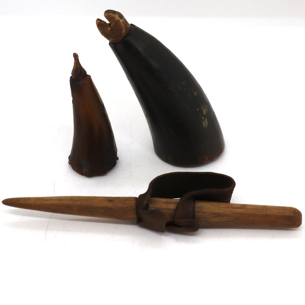 Native American Horn Vessels and American Wood, Leather Corn Shucker (3 pieces)