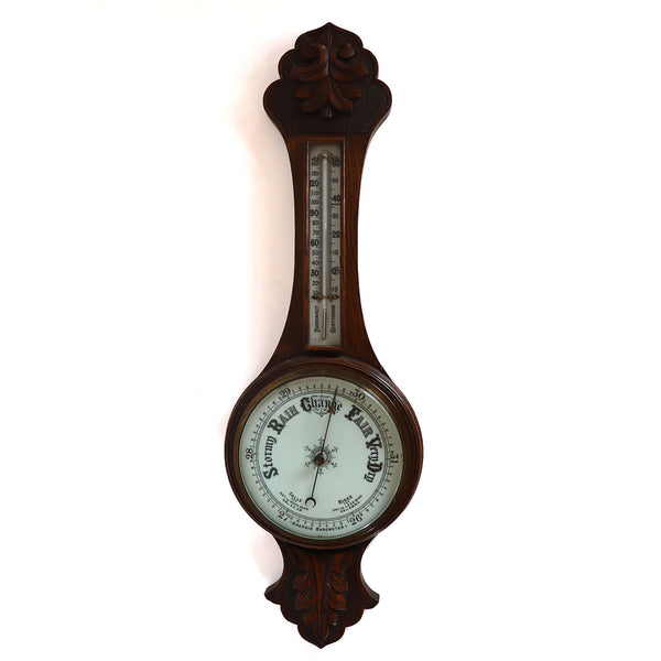 English Oak, Brass, Porcelain and Glass Aneroid Wheel Barometer