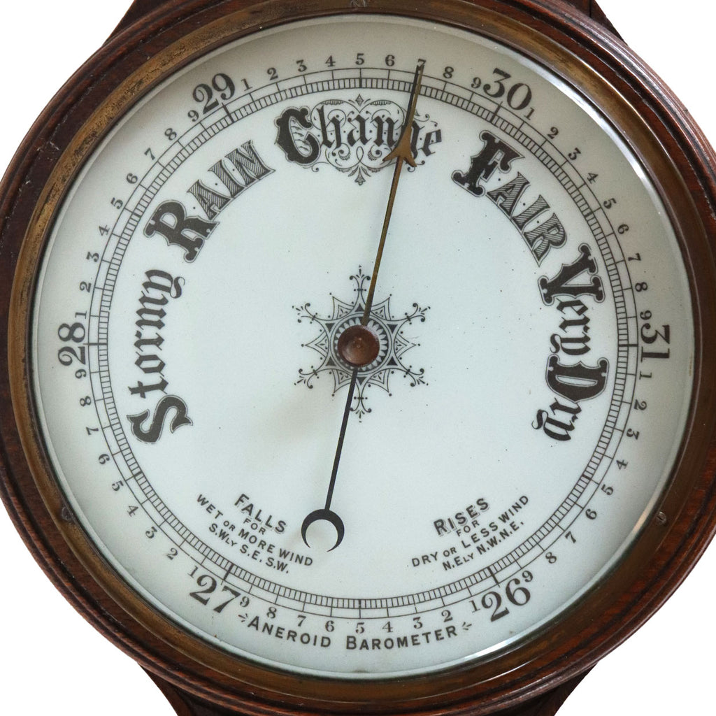 Fac Barometer Large English Oak, Brass, Porcelain and Glass Aneroid Wheel Barometer