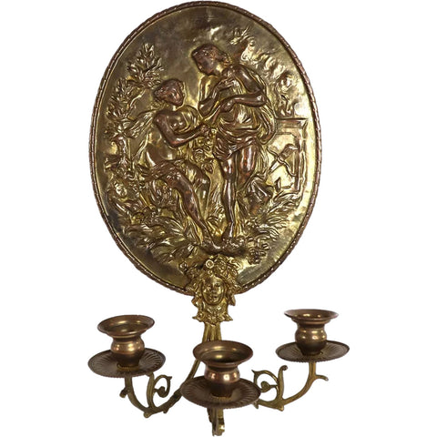 European Brass Repousse Three-Light Candle Wall Sconce