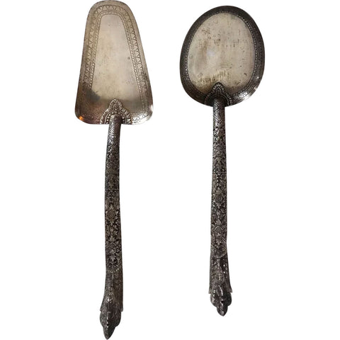 Set of Two Cambodian 900 Silver Serving Spoon and Spatula
