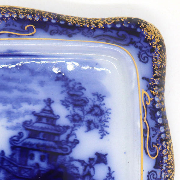 English Gilt and Flow Blue Pottery Chinoiserie Rectangular Teapot Stand