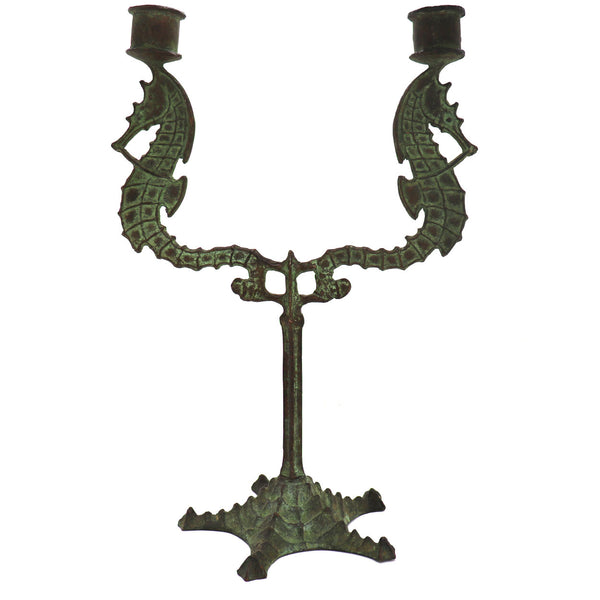 Pair American E. T. HURLEY Patinated Bronze Seahorse Two-Light Candelabra