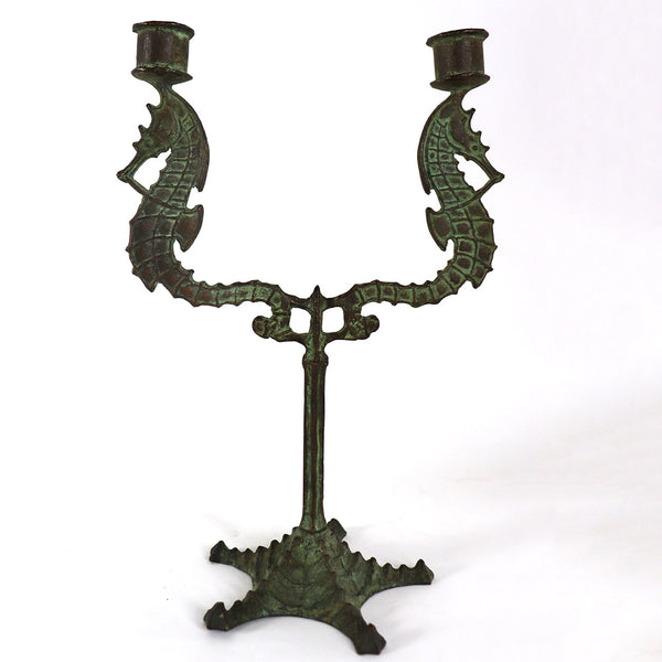 Pair American E. T. HURLEY Patinated Bronze Seahorse Two-Light Candelabra
