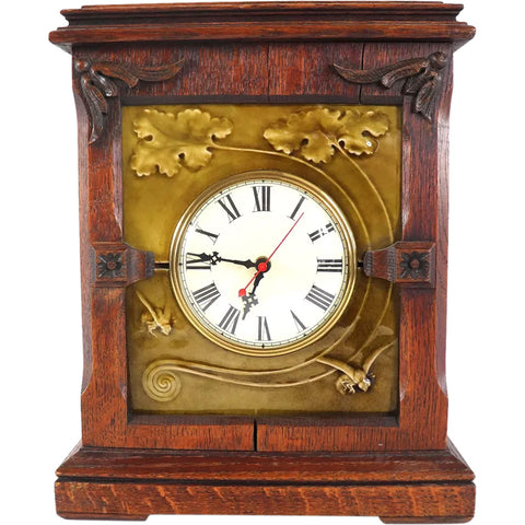 American J. & J. G. Low Tile Works Glazed Earthenware and Oak Mantel Clock Case