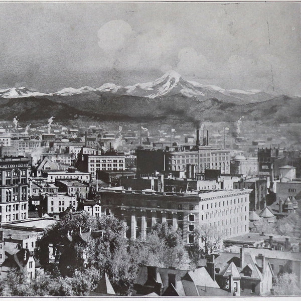 American Black and White Lithograph, Denver's Mountain Background