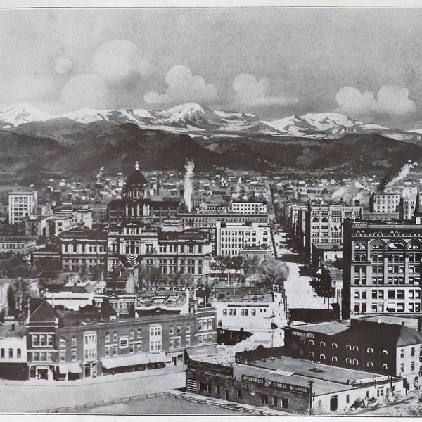 American Black and White Lithograph, Denver's Mountain Background