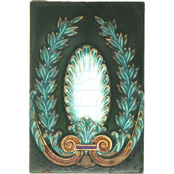 American Encaustic Tiling Co. Glazed Pottery Tile, Shell and Laurel Wreath
