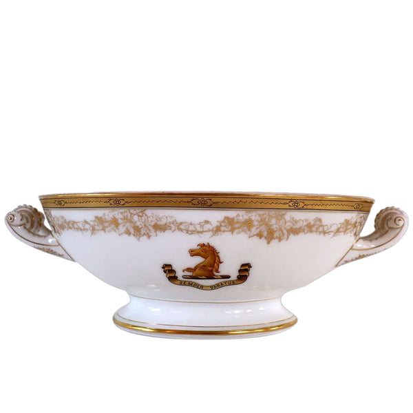 English Gold Gilt Porcelain Horse Armorial Crest Two-Handle Oval Tureen Bowl