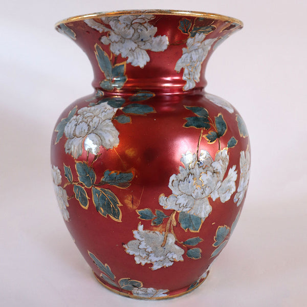 English Staffordshire Pottery Red Iridescent Peonies Baluster Vase