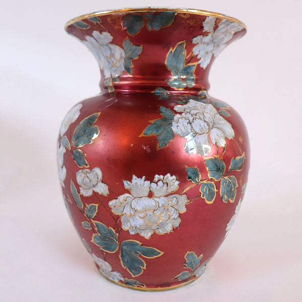 English Staffordshire Pottery Red Iridescent Peonies Baluster Vase