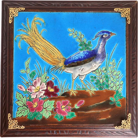 French Emaux de Longwy Wood Framed Pottery Pheasant Bird Tile Trivet