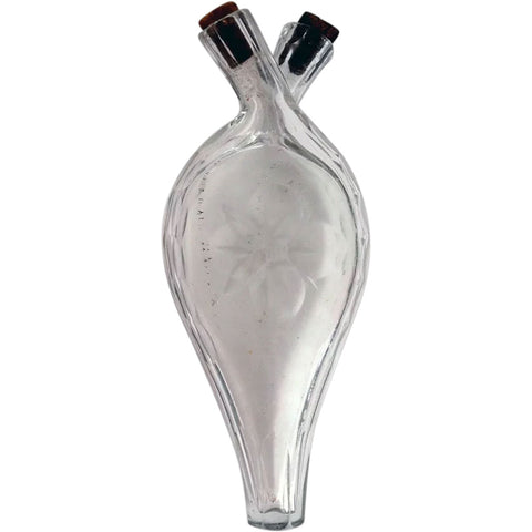 English Etched Glass Double Neck Gimmel Flask Perfume Bottle
