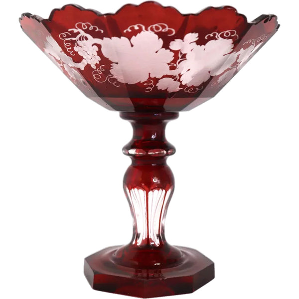 Small Bohemian Crystal Glass Flashed Ruby Red Grapevine Compote